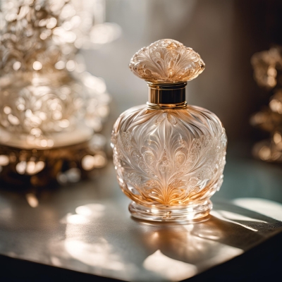 Ornately designed crystal perfume bottle with intricate floral engravings, glowing with a golden fragrance, and illuminated by soft natural light on a reflective surface.