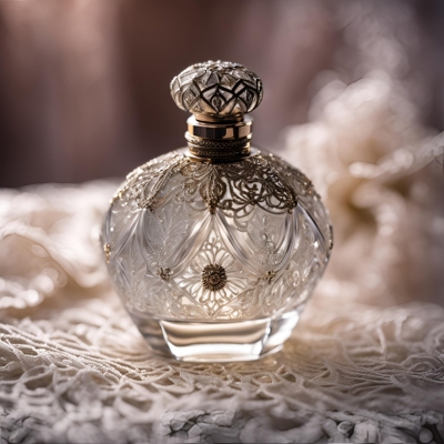 Elegant crystal perfume bottle with intricate gold filigree and floral accents, featuring a patterned stopper, beautifully displayed on delicate lace fabric with a soft, romantic glow.