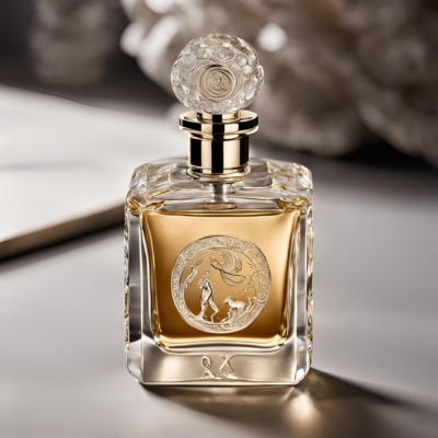 Exquisite hexagonal crystal perfume bottle with intricate floral engravings and an amber fragrance, topped with a faceted crystal stopper, illuminated by a dramatic light gradient.