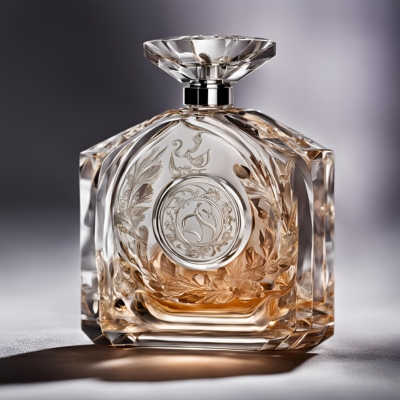 Square crystal perfume bottle with a detailed medallion engraving and a golden-hued fragrance, featuring a textured spherical stopper, elegantly displayed under soft lighting.