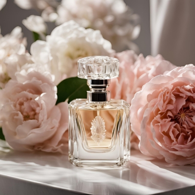 Delicate crystal perfume bottle with a floral emblem on its body, holding a pale golden fragrance, surrounded by soft pink and white peonies in a bright, romantic setting.