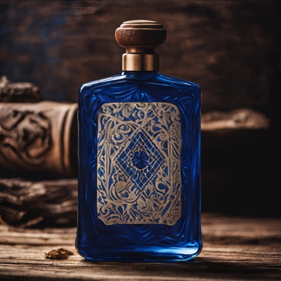 A cobalt blue glass perfume bottle with ornate, silver lace-like engraving, capped with a wooden top, displayed on a textured wooden surface for an artisanal aesthetic.