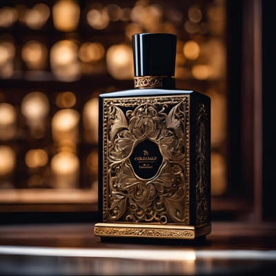 An opulent black and gold rectangular perfume bottle featuring elaborate gold carvings and a center label reading 'Coriale,' placed in front of a softly lit background of golden perfume bottles for an aura of sophistication and exclusivity.