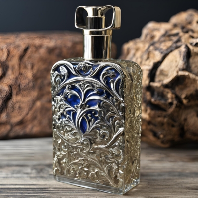 A rectangular glass perfume bottle with intricate silver scrollwork detailing and a deep cobalt blue center, set against a rustic wooden backdrop, exuding a luxurious and vintage allure.