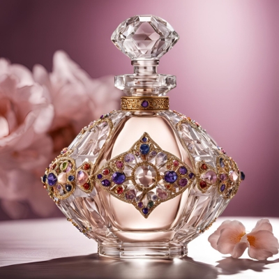 Elegant crystal perfume bottle with a faceted design, adorned with intricate gold detailing and colorful gemstones, set against a soft pink background with delicate flower accents.