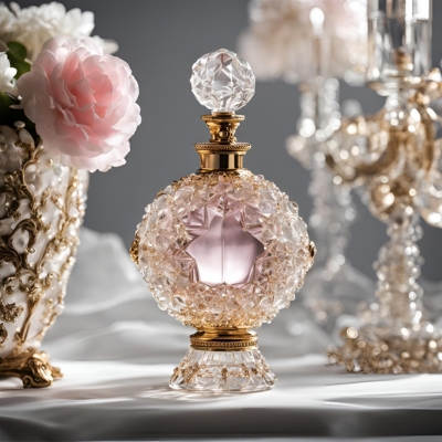 Luxurious round crystal perfume bottle with a gold base and cap, featuring an embossed pink center and surrounded by ornate details, placed on a white table with floral and crystal decor.