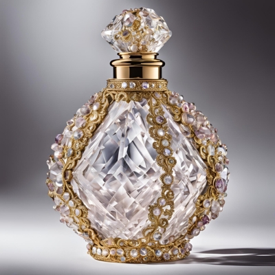 Dazzling diamond-shaped crystal perfume bottle, embellished with golden filigree and pastel gemstones, reflecting light in an elegant display.